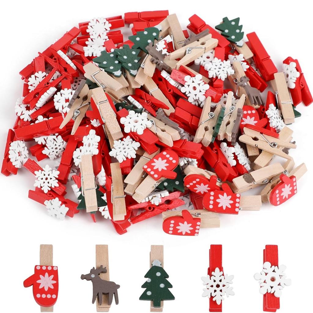 100PCS Christmas Wood Clips Christmas Tree Photo Clips Elk Gloves Snowflake Clothespins DIY Photo Pegs for Home Art Craft Decor