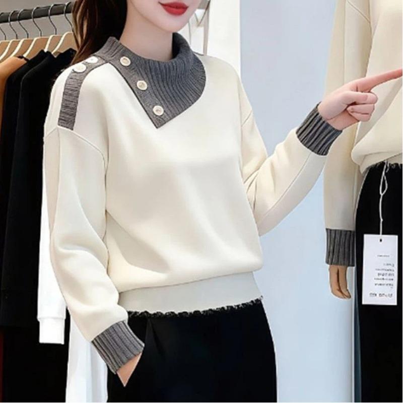 

High-end Contrasting Color Warm Sweater Women s Short Autumn and Winter Lapel New Fashion Style Versatile Top onesize білий/сірий колір