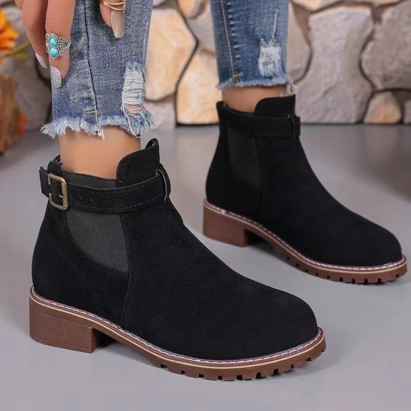 Autumn and Winter New European and American Cross-border Women's Martin Boots Elastic Belt Buckle Round Head Square Heel Medium Boots Women's Shoes