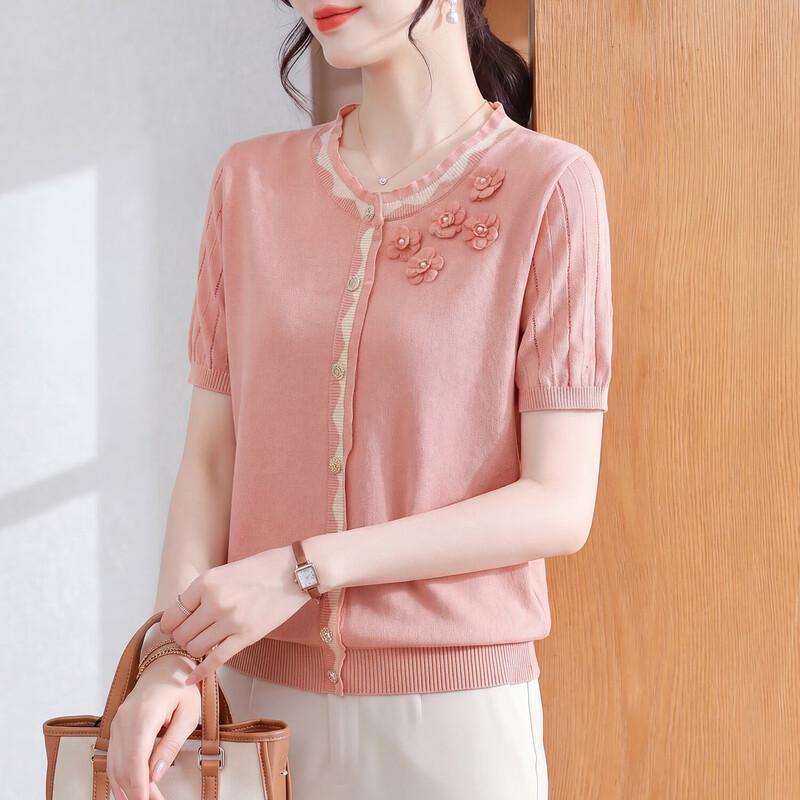 

Xuexi 2026 Summer Ice Silk Knit Short Sleeve Top for Middle-Aged Women L