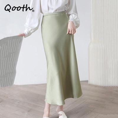 Women Solid Color Acetate Satin Bodycon Skirt Calf Length Elegant High Waist Shiny Skirt For Spring Summer QT2062