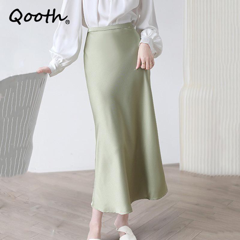 Qooth Women Solid Color Acetate Satin Bodycon Skirt Calf Length Elegant High Waist Shiny Skirt For Spring Summer QT2062