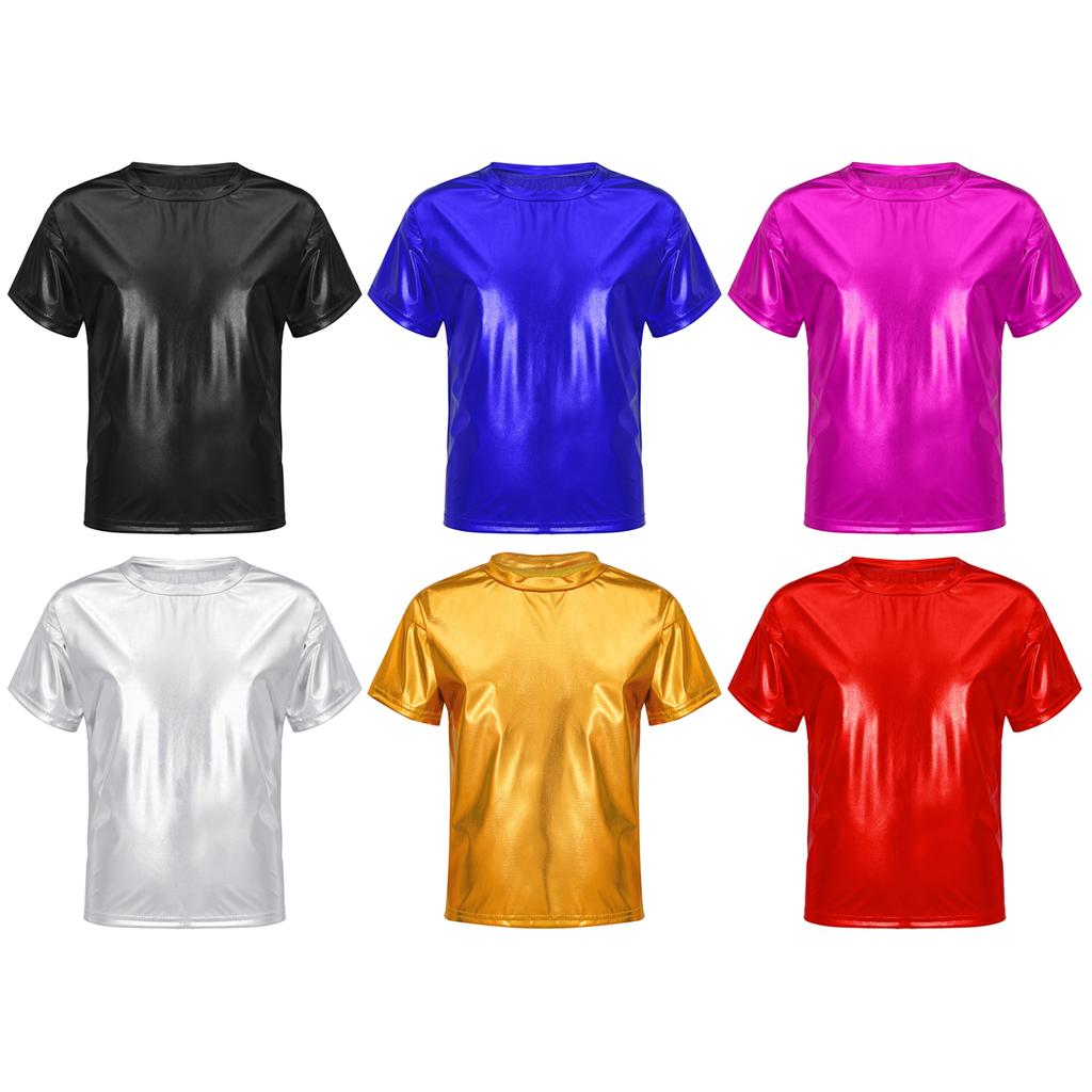 Kids Girls Boys Sparkling Short Sleeve Tops Fashion Round Neck T-shirt Dance Performance Costume