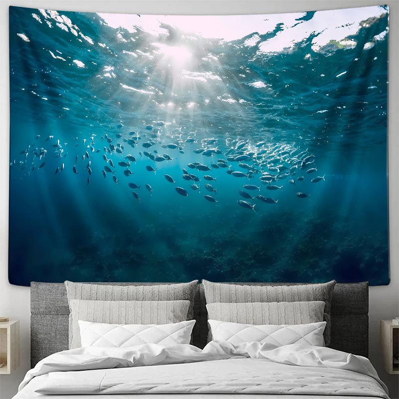 Under the Sea Tapestry  Ocean Landscape Decorative Hanging Cloth with Sunlight Piercing through the Blue Ocean