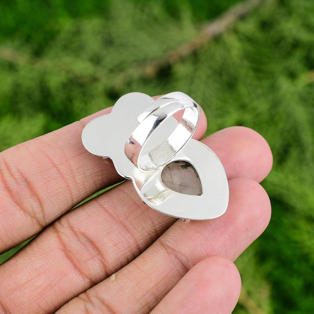 Sterling Silver Pear Black Rutilated Quartz Gemstone Flower Promise Ring Jewelry