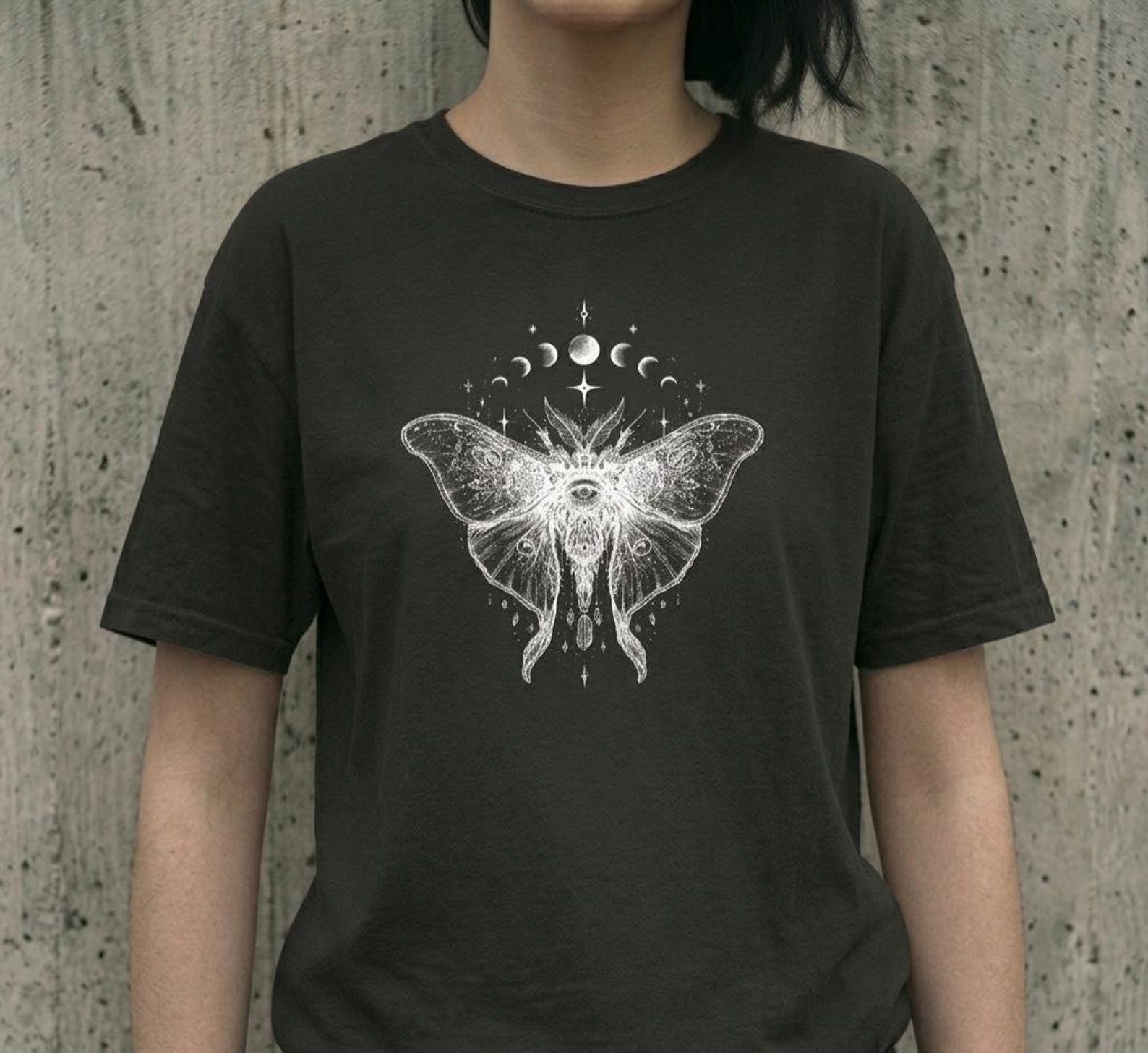 Luna Moth Moon Phase Shirt, Celestial All Seeing Eye Graphic Tee, Witchy Alt Clothing, Comfort Colors Goth Gift M