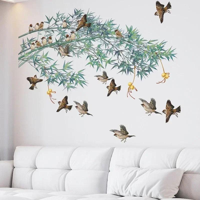 Pretty Hinese Ink Painting Bamboo Birds Wall Sticker 2025 Creative Sofa Background Ornament Vinyl Wall Decals Home Decoratioin