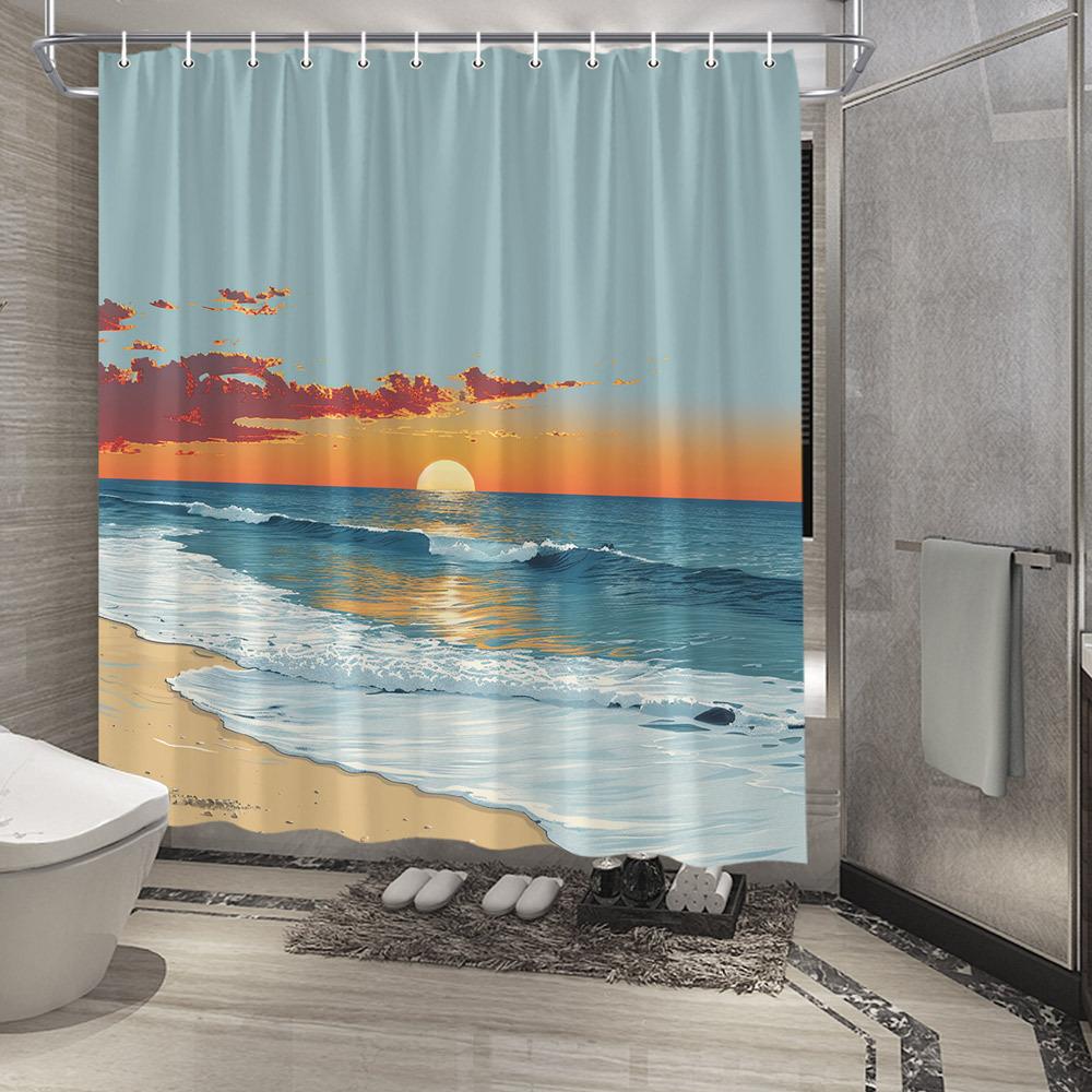 Serene Beach Sunset Shower Curtain - Golden Ocean Reflection, Vibrant Warm Colors, Coastal Bathroom Decor W90XH180cm