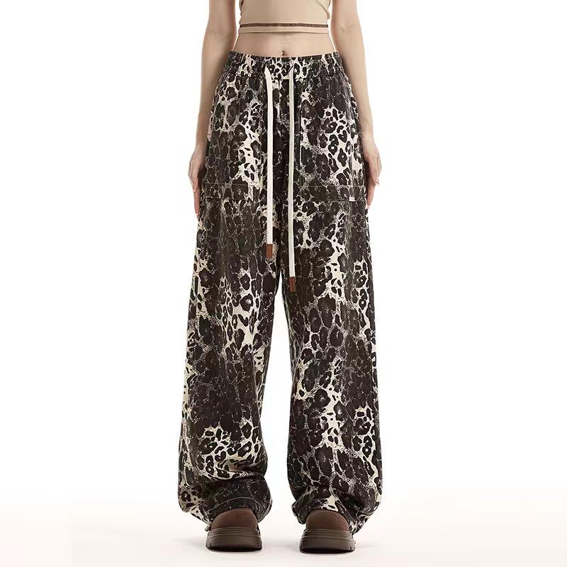 

JYL Women s Leopard Pants American Casual Summer Straight HipHop Cargo Denim Pants M