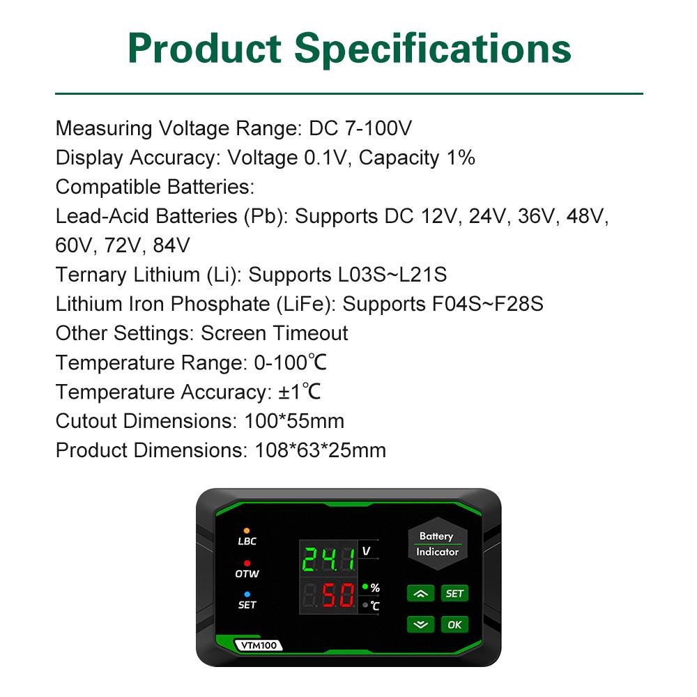 VTM111 DC 7-111V Digital Voltmeter Battery Tester Voltage Power Indicator for Ternary/Lithium Iron/Acid Batteries
