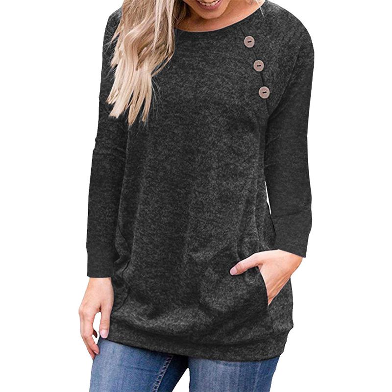 Long Pullover Womens Sleeve Ladies Solid Button Sweatshirt Top Loose Jumper