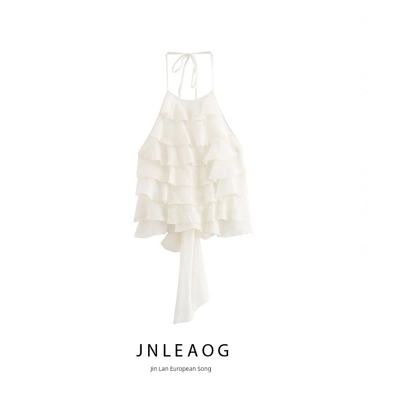 Jnleaog Summer New Arrival Women's Clothing Fashion Style French Style Design Easiest for Match Laminated Decoration Hanging Collar Tops