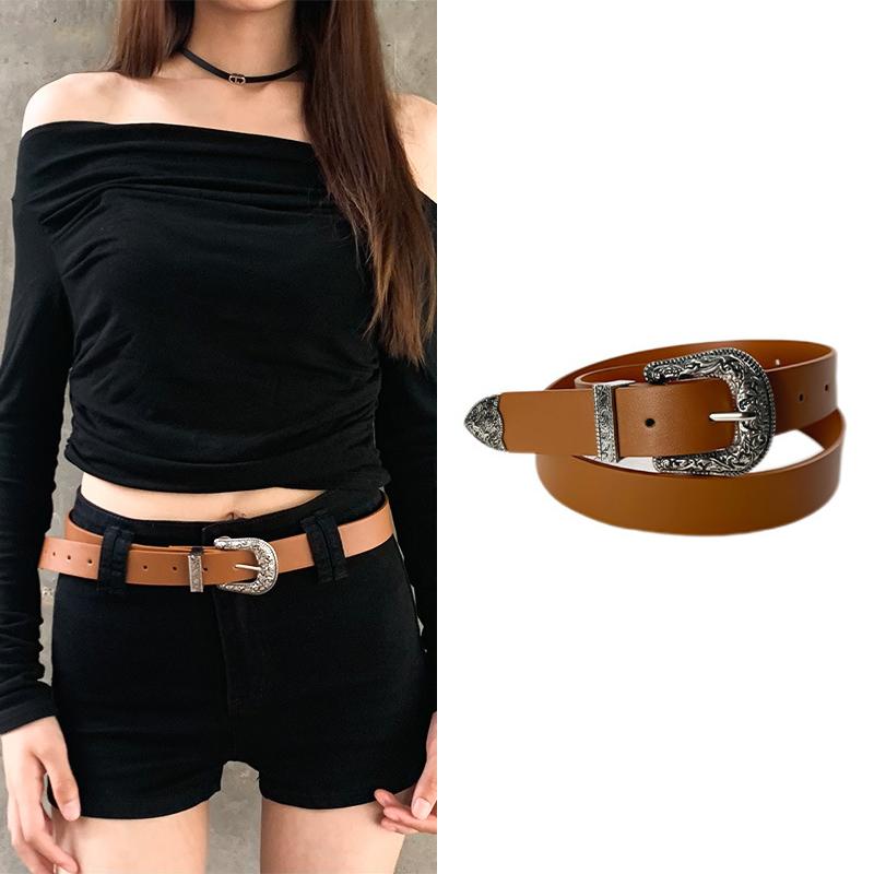Women'S Belt Vintage Carved Needle Buckle Punk Hip Hop Rock Style Jeans Belt Y2K Belt Pu Leather Belt