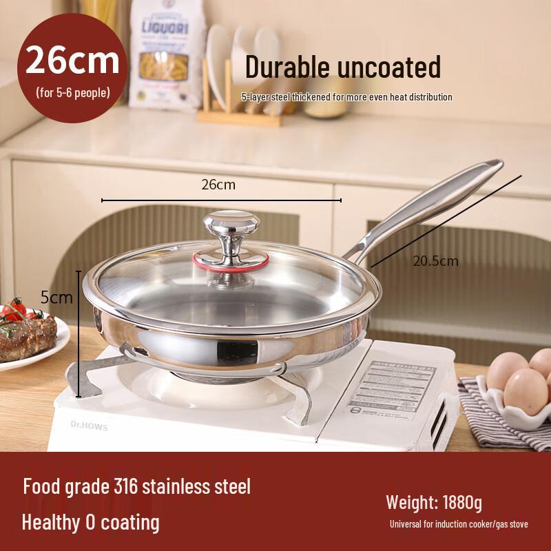 Wutuo 316 Stainless Steel Flat-Bottom Frying Pan