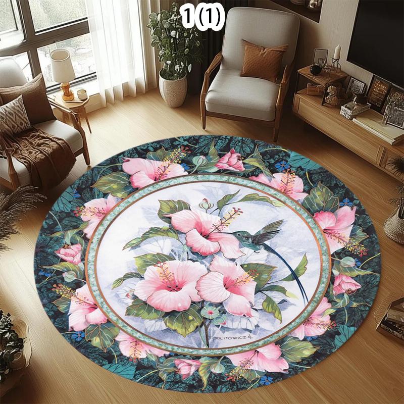 Vintage Floral Circular Area Rug Carpet Mat Rug Home Decoration Rose Hummingbird Pattern Non Slip Floor Rug for Living Room
