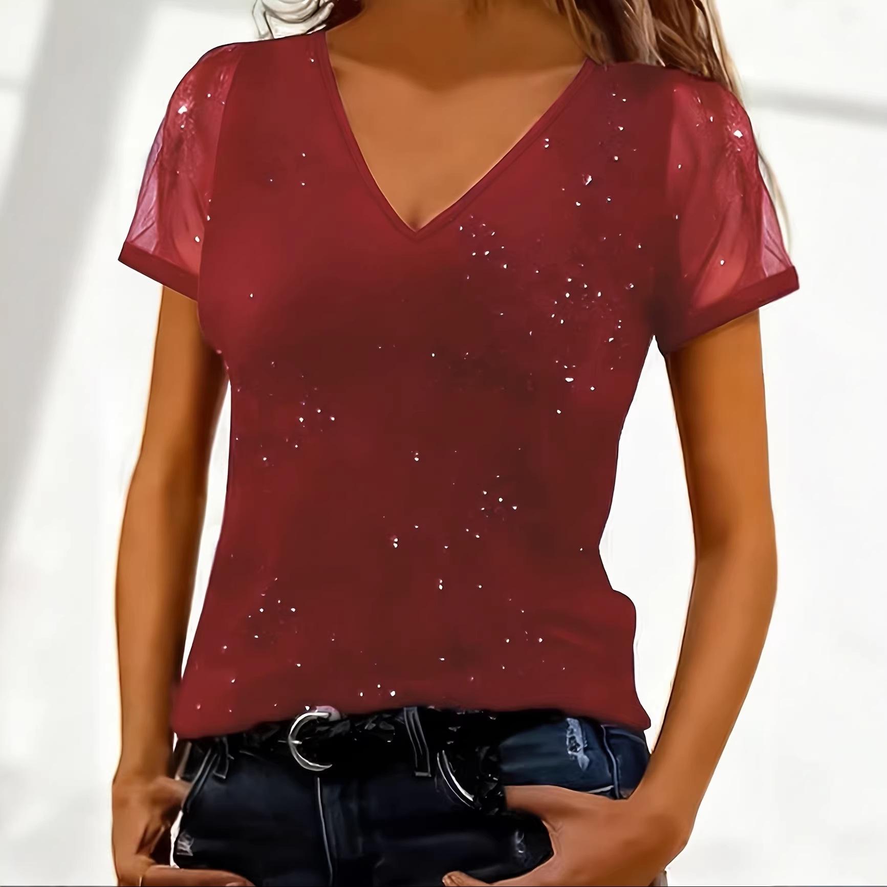 

2026 Summer Elegant Women s Solid Color Mesh Short Sleeve Top Double Extra Large червоний