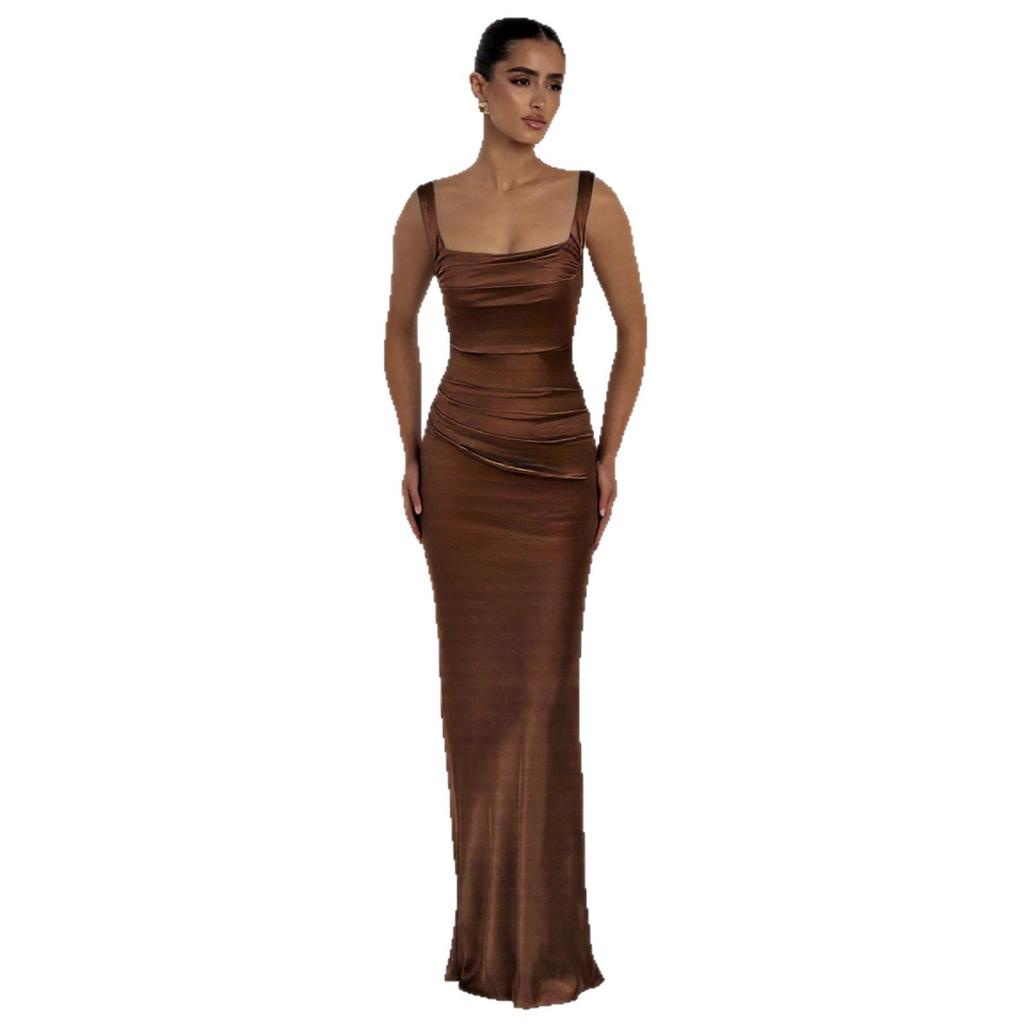 European and American style sexy folds high-end new dress showing thin suspenders temperament banquet evening dress long