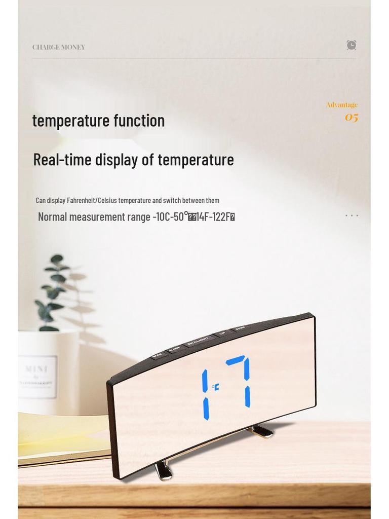 Multifunctional LED Desktop Alarm Clock with Large Curved Screen and Digital Mirror Display