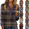 Women's Retro Street Lazy V,neck Long Sleeve Button Plaid Print Pullover Top