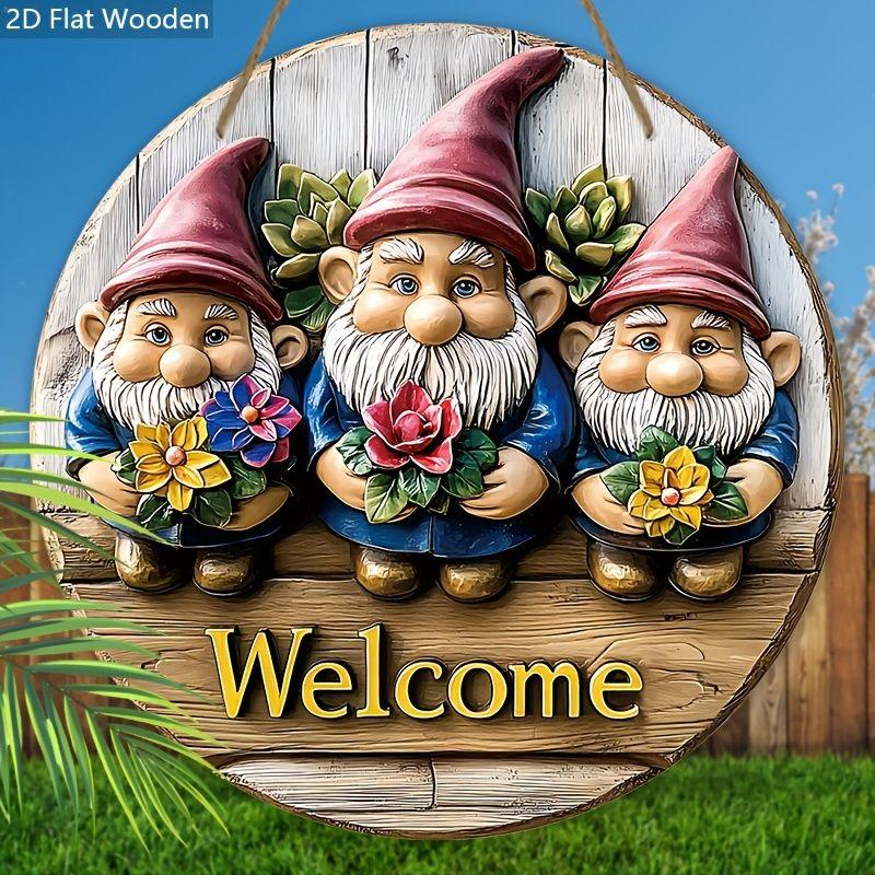 Wooden hanging decorative sign,welcome signs,The pattern is three gnomes,indoor or garden decorations,2D flat pendants, housewarming gifts for friends