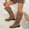 Fashion Women's Chunky Heeled Long Pleated Boots Comfortable Slip On Boots Woman Autumn Winter Thick Heel Belt Buckle Knee High Booties