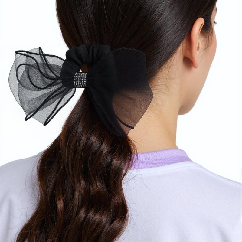 Mesh Rhinestones Bows Hair Tie Elastic Practical Hair Accessory For Women Girls Sports Party Hair Scrunchie Hair Decors