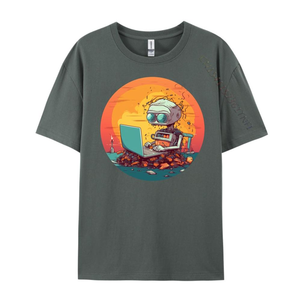 Funny Smart Ai Robot With Laptop For Portable Computer Fans Black Graphic T Shirts Autumn Mens Cotton TShirt Halloween