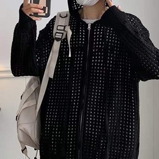 Men Sweater Long Sleeve Zipper Closure Solid Color Hollow-out Design Super Soft Decorative Polyester Men Hooded Sweater Coat Autumn