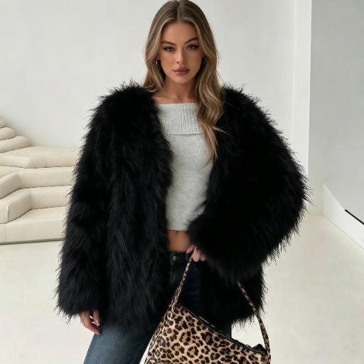 Autumn and winter thickened long-haired beach sheep hair imitation fur jacket women's loose round neck fur coat women's clothing