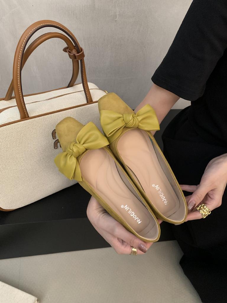 French evening wind bow suede square head light mouth laden shoes one pedal commuting not tired feet small single shoes women