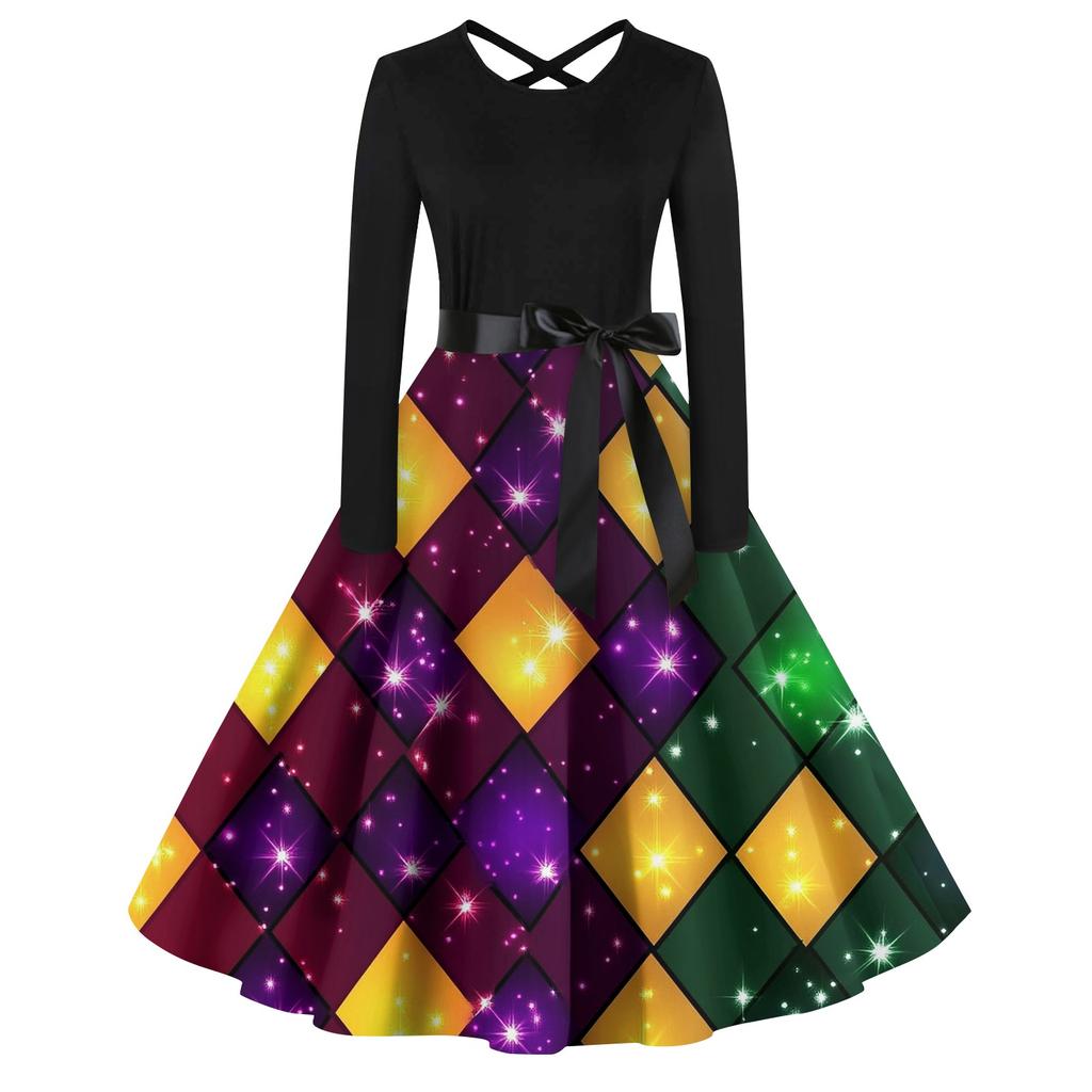 Women's Casual Print O-neck Pullover High Waist Long Sleeve Dress