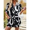Black & White Geometric Two-Piece Set: Loose Short-Sleeve Shirt & Drawstring Shorts