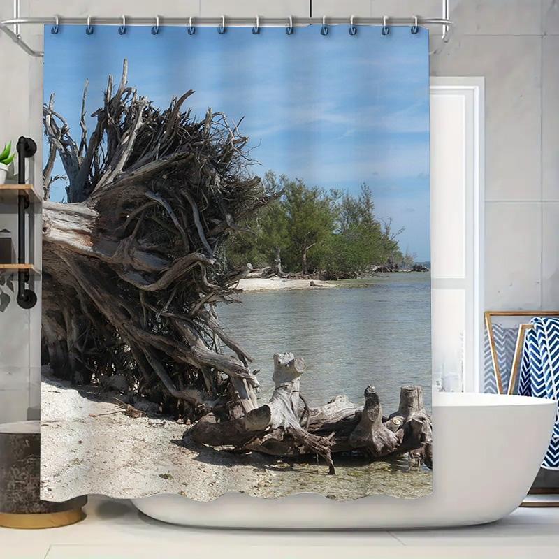 

Beach Wood Log Shower Curtain Waterproof Bathroom Decor Blue Sky Tree Trunk Print Fabric Shower Panels Bathtub Liner Decoration W60H190(CM)-1 Pcs