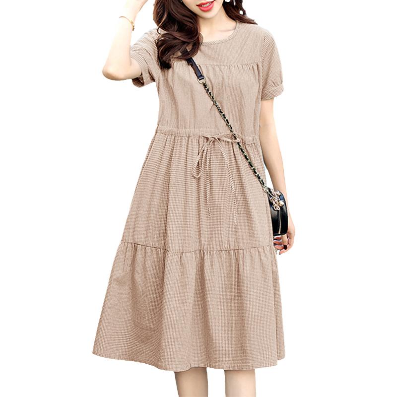 ZANZEA Women Casual Round Neck Summer Short Sleeve Plaid Print Dress