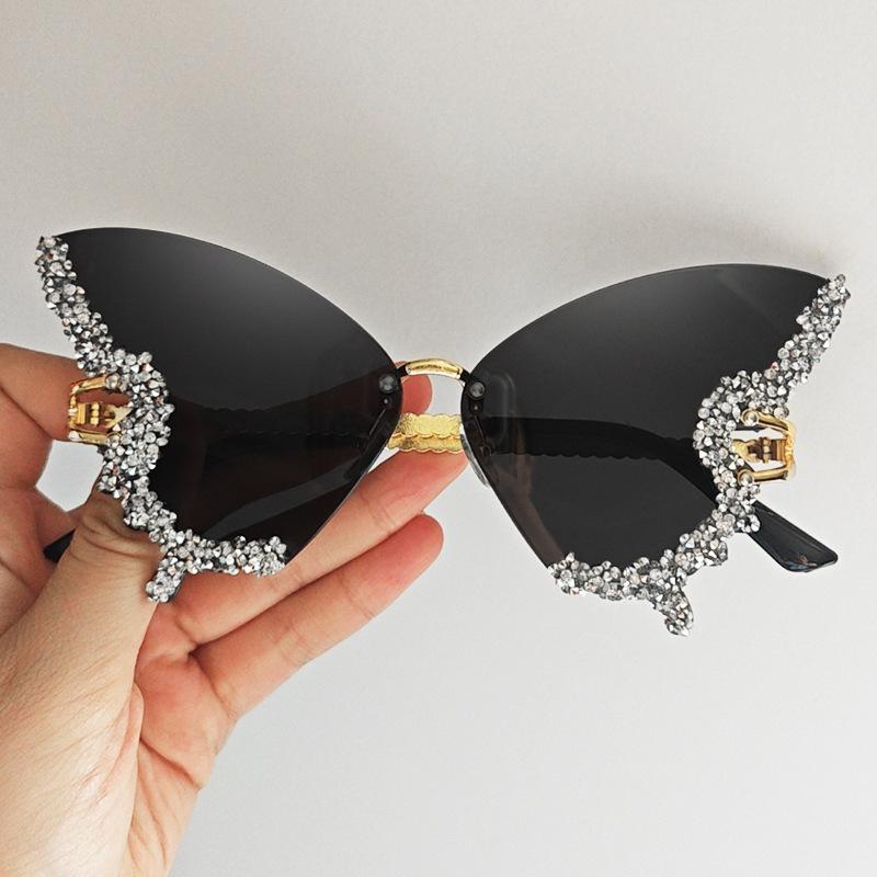 Butterfly Shaped Frameless Sunglasses for Women with Rhinestone Decoration Oversized Unique Design Fashion Eyewear UV Protection