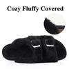 Fashion Shevalues New Fur Fluffy Slippers Women Winter Home Fuzzy Slippers Open Toe Cork Slides Female Indoor Double Buckle Flat Sandals