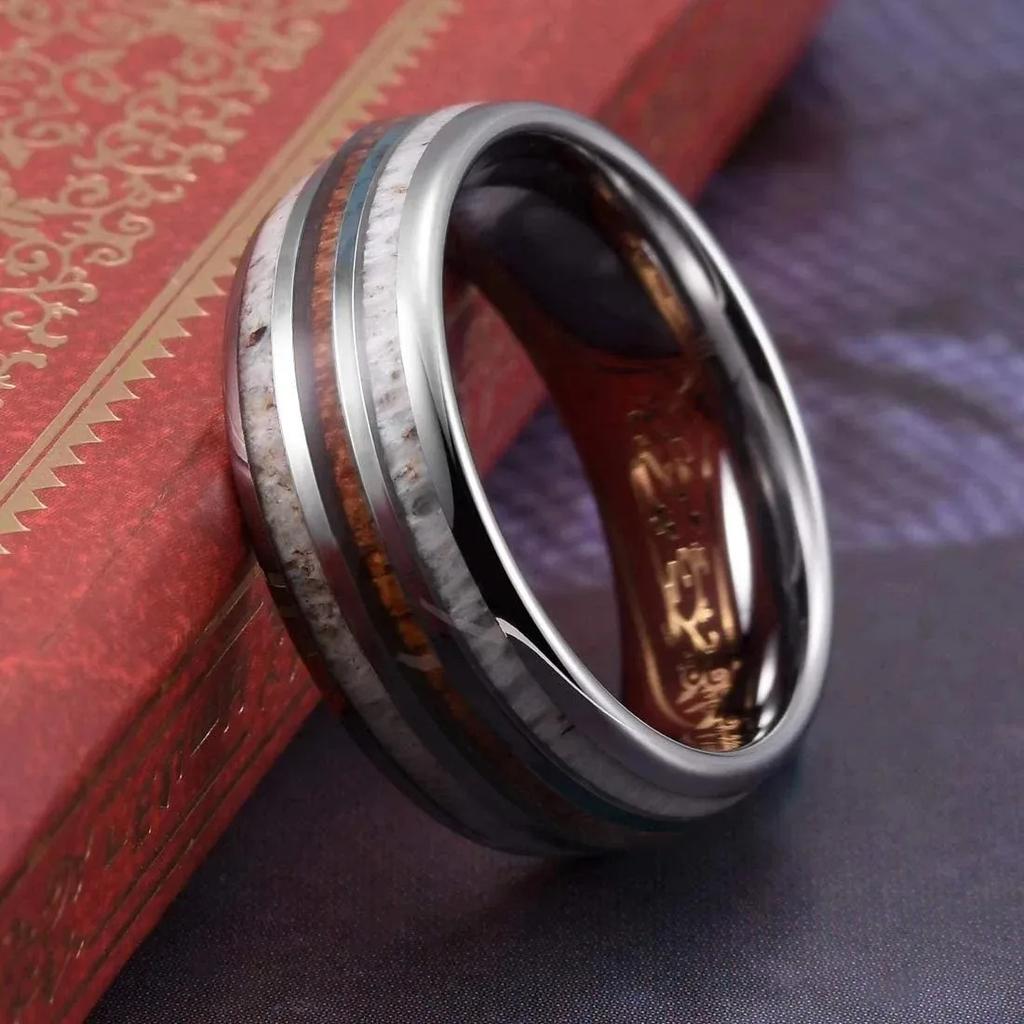 Fashion Copper Color Men's Stainless Steel Rings Koa Wood Deer Antler Inlay Dome Engagement Rings For Men Women Wedding Jewelry