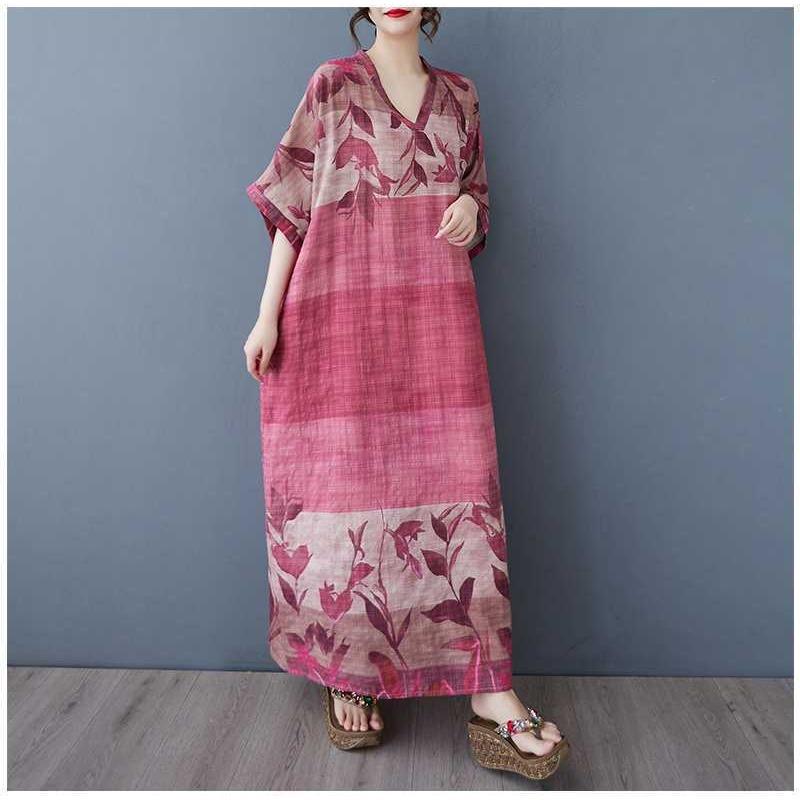 Women's V-neck Retro Long Skirt Cotton Linen Dress