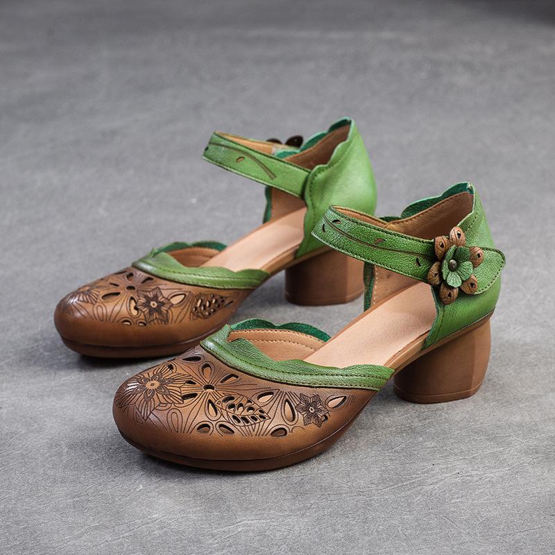 

Сандалии Johnature из натуральной кожи ручной работы в стиле ретро, ​​дышащие женские туфли на каблуке с принтом 40 коричневый