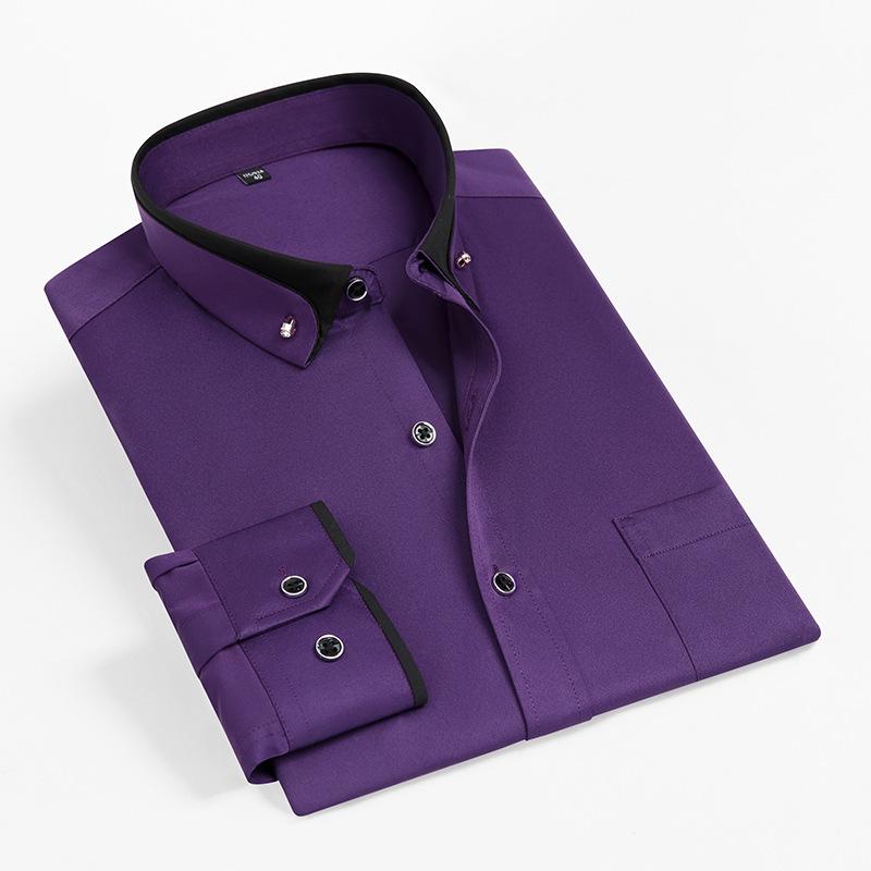 Men's Stretch Long Sleeve Contrast Collar Non-Iron Shirt - Business Casual, Spring/Autumn