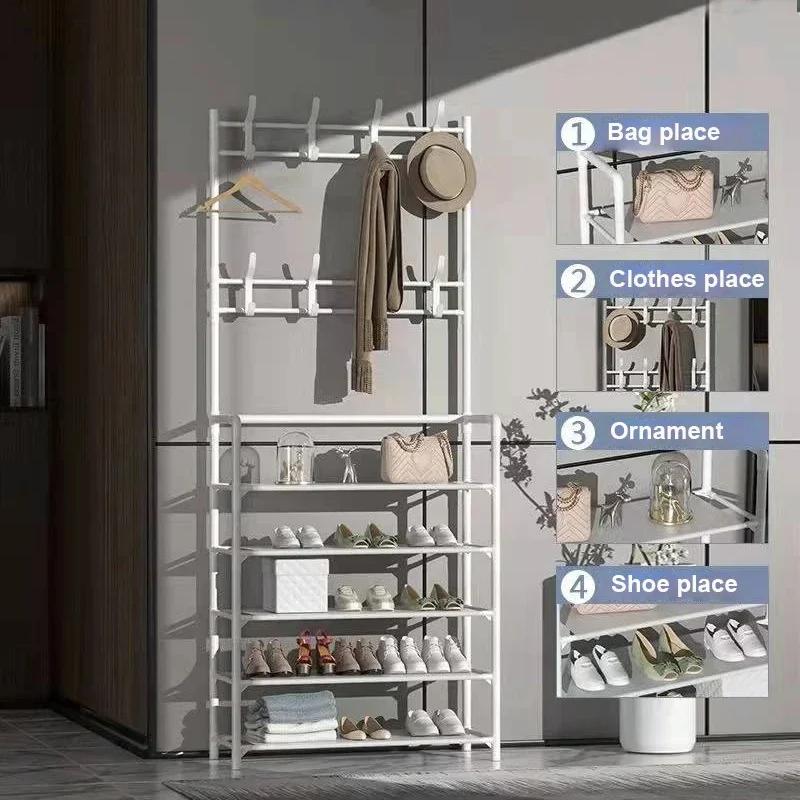 2 In 1 Shoes Clothes Organizer Multipurpose Carbon Steel Coat Rack Space Saving Floor Shoe Shelf Multi-layer Storage Organizer