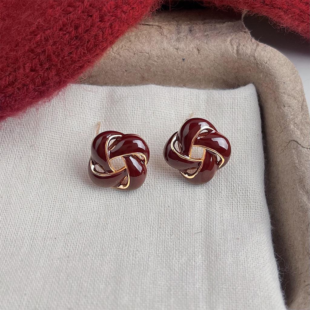 Ankela Red Fireworks Court-Style Love Heart Zirconia Stud Earrings - Wine Red Drip Glaze, Niche Luxury