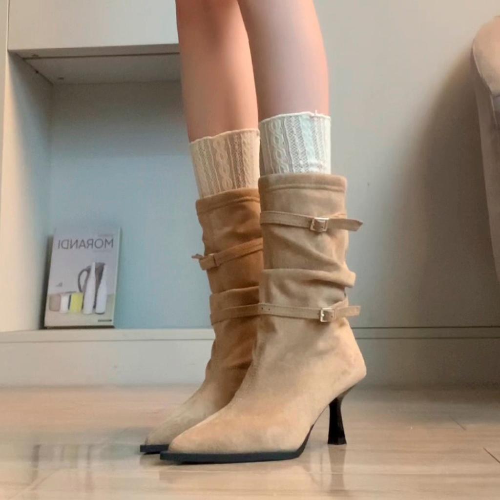 Fashion fine boots 2025 autumn and winter thin strap pointed suede thin heel high boots but knee high heel boots women's shoes