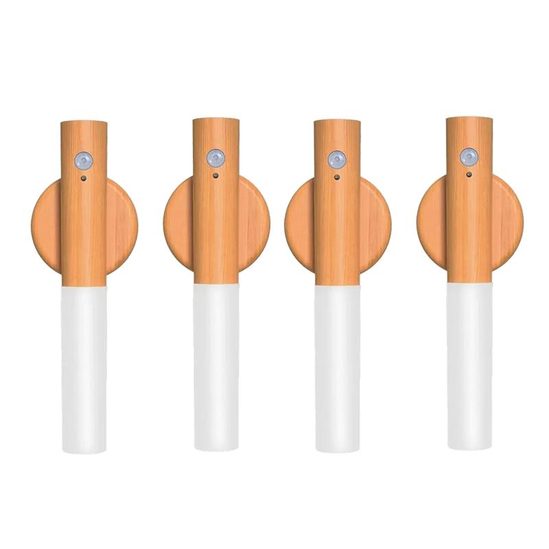 1-4PCS LED Motion Sensor Lamp Rechargeable Night Light Magnetic Wood Grain LED Wall Lights for Bedroom Bedside Stairs Hallway