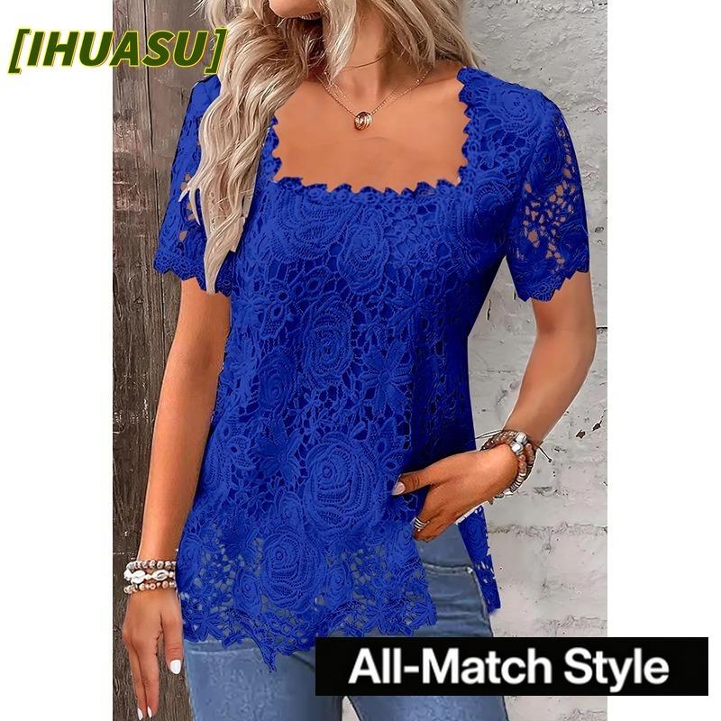 IHUASU Women's Fashion Casual Solid Color Print Short Sleeve Square Collar Blouses & Shirts