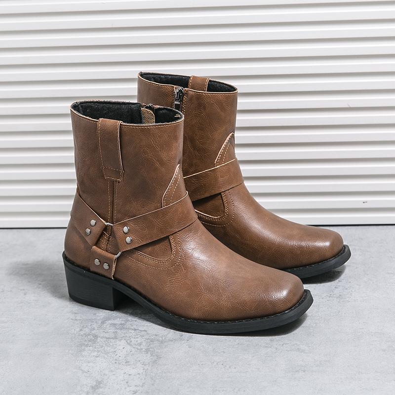 Fashion Square Toe Boots Men PU Solid Color Low Heel Comfortable Non Slip Classic Business Casual Men Short Boots