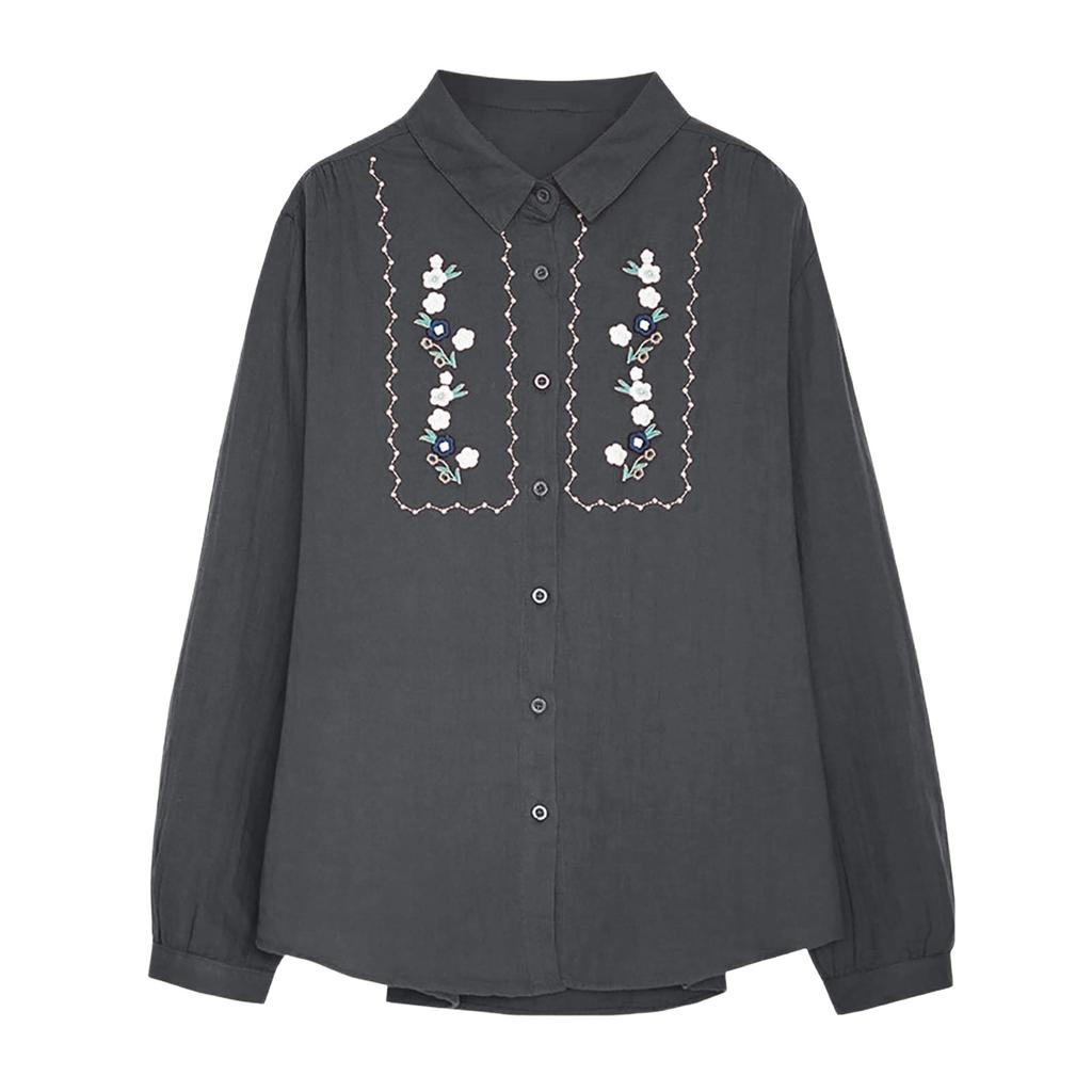 Women's Embroidery Floral Shirts Fashion Button Down Lapel Long Sleeves Casual Comfy Shirt Blouse Tops