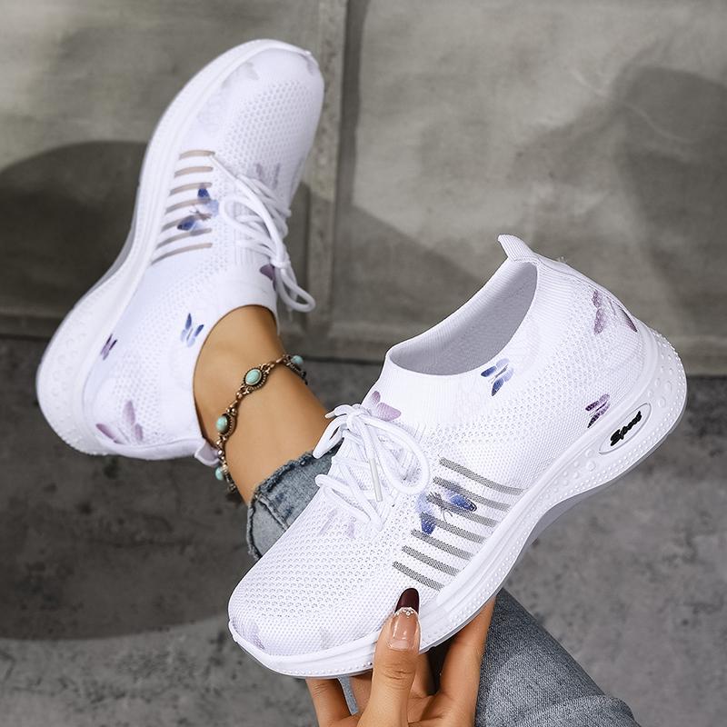 Fashion Fashion White Butterfly Print Platform Sneakers Women Breathable Knit Mesh Running Shoes Woman Non Slip Comfort Walking Shoes