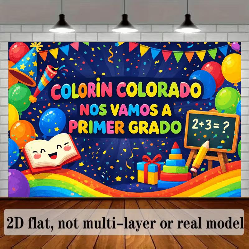 2D Colorful Balloon School Banner, Primer Grado First Grade Party Photo Booth Background