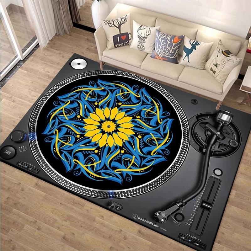 Vintage Turntable Design Living Room Large Carpet Black Turntable Components Vinyl Record Texture Anti-slip Rug for Home Decor
